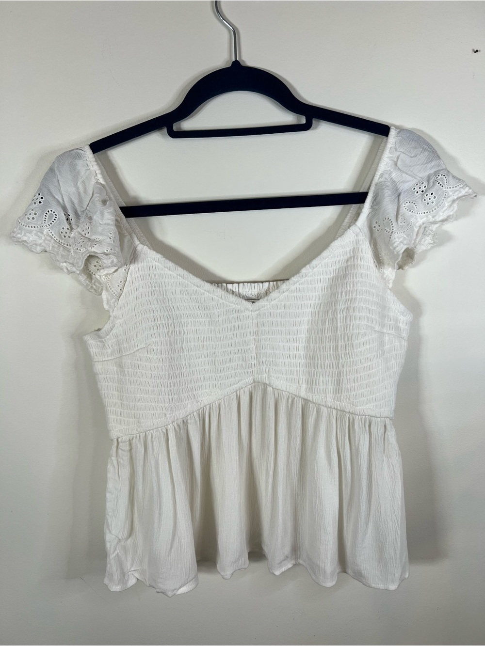 Hollister White Smocked Eyelet Sleeve Top | L